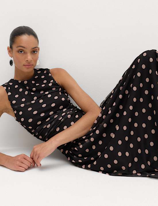 Mesh Polka Dot Midi Dropped Waist Dress