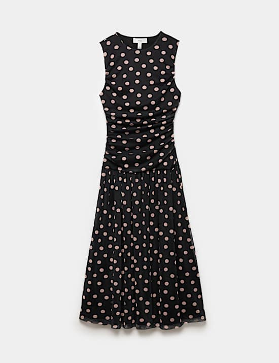 Mesh Polka Dot Midi Dropped Waist Dress