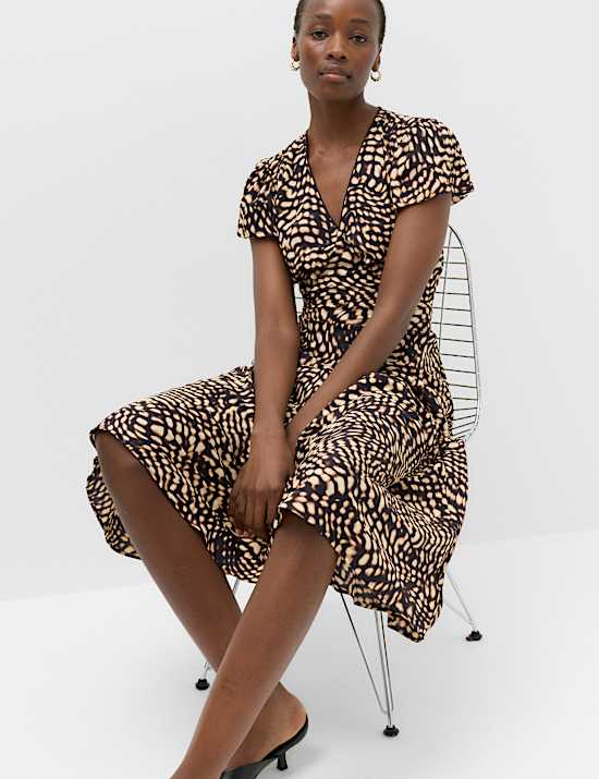 Animal Print V-Neck Midi Tea Dress