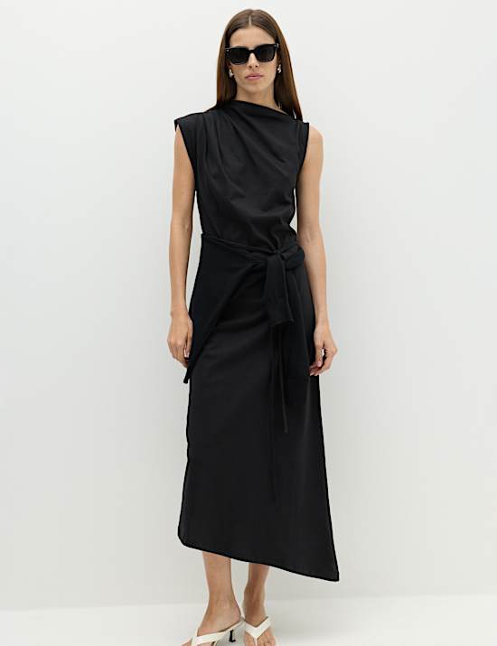 Pure Cotton Tie Waist Midi Column Dress
