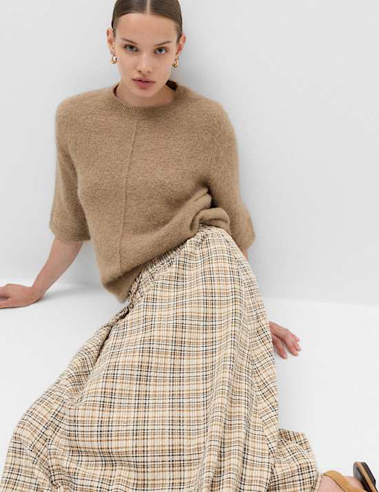 Cotton Rich Checked Midi A-Line Skirt
