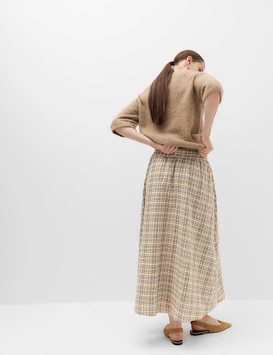 Cotton Rich Checked Midi A-Line Skirt