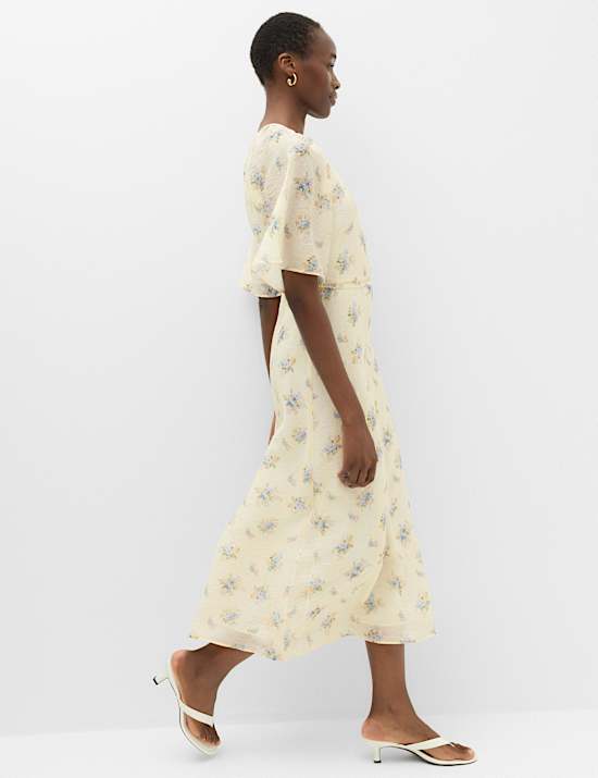 Floral Angel Sleeve Midi Waisted Dress