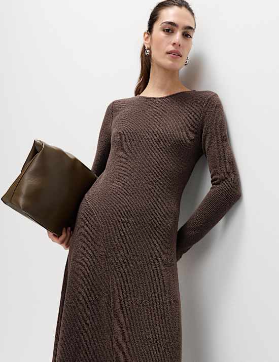 Knitted Crew Neck Midi Skater Dress