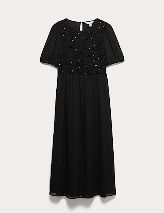 Midaxi šaty se zvýrazněným pasem a korálky Georgette