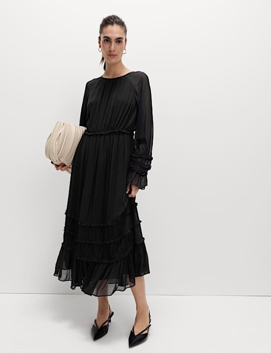 Durchsichtiges tailliertes Midikleid mit Rüschendetail