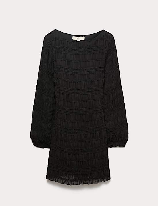 Textured Shirred Mini Relaxed Smock Dress