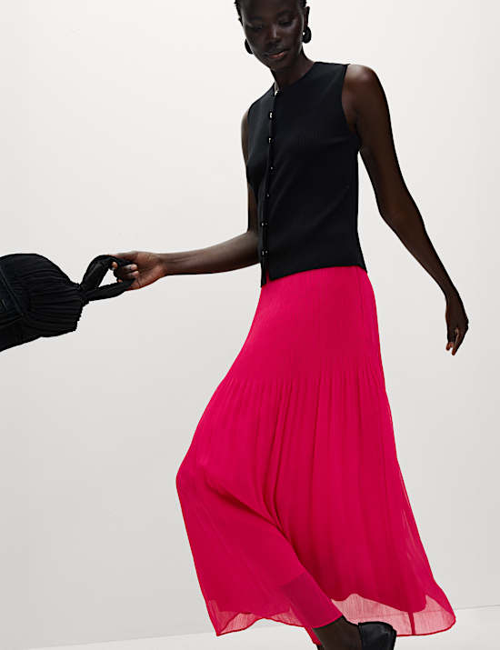 Plisovan&aacute; midaxi sukně &aacute;čkov&eacute;ho střihu s vysok&yacute;m pasem