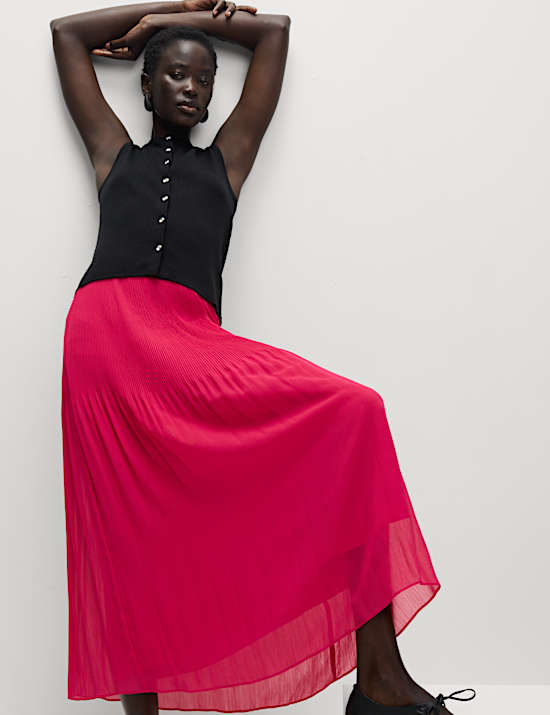 Plisovan&aacute; midaxi sukně &aacute;čkov&eacute;ho střihu s vysok&yacute;m pasem