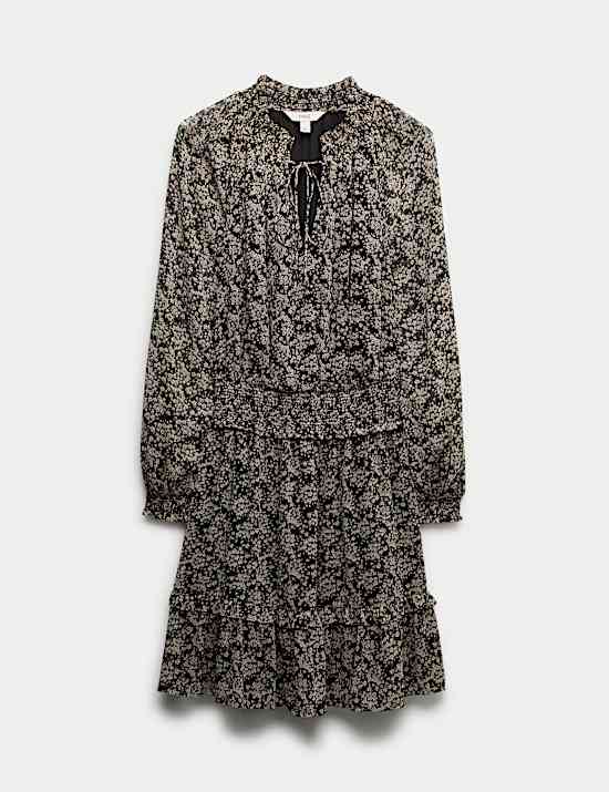 Tailliertes Minikleid aus Chiffon mit Bindekragen und Blümchenmuster