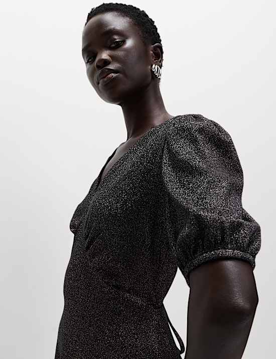 Sparkly V-Neck Puff Sleeve Mini Tea Dress