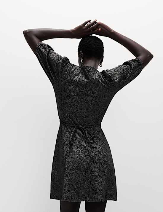 Sparkly V-Neck Puff Sleeve Mini Tea Dress