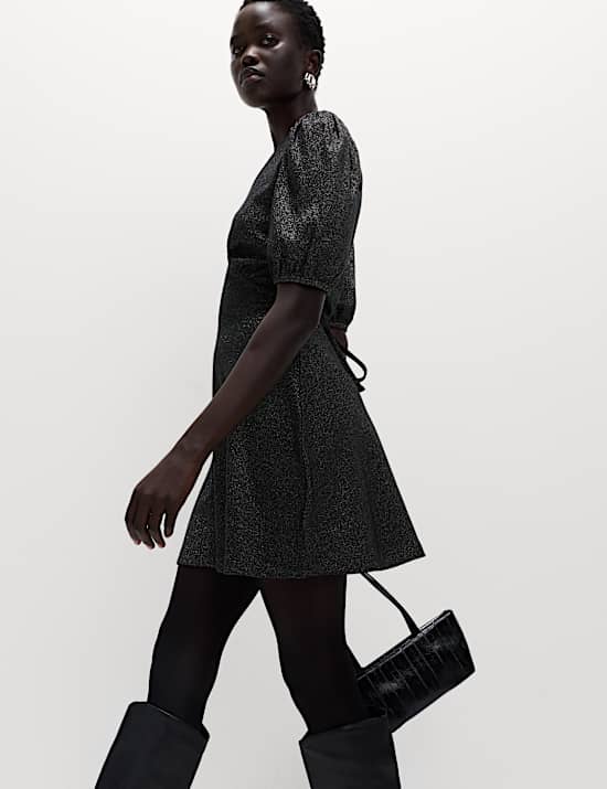 Sparkly V-Neck Puff Sleeve Mini Tea Dress