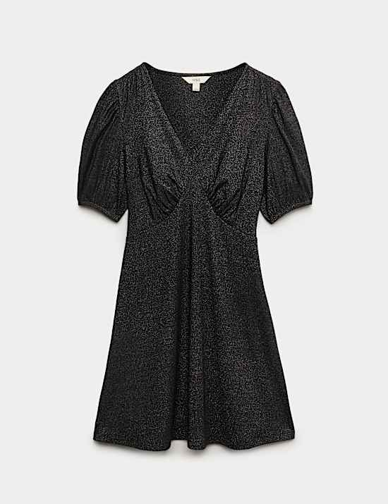 Sparkly V-Neck Puff Sleeve Mini Tea Dress
