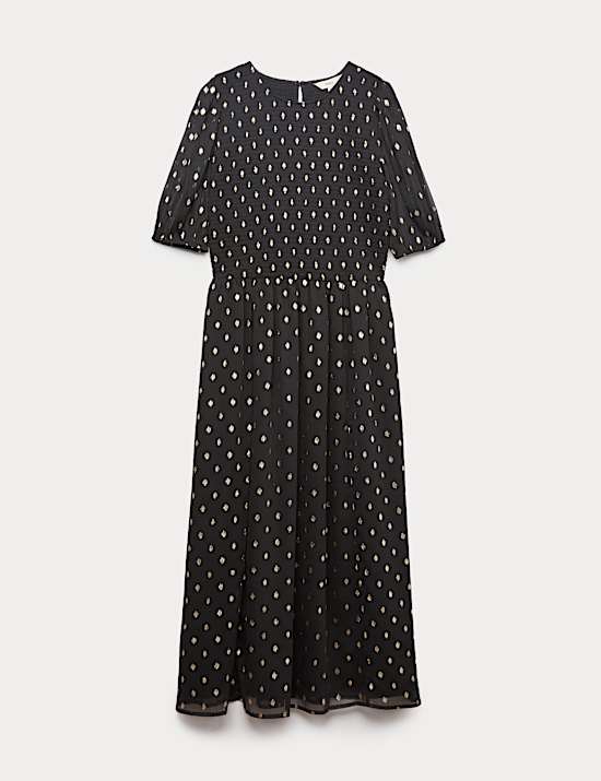 Metallic Spot Print Midi Waisted Dress