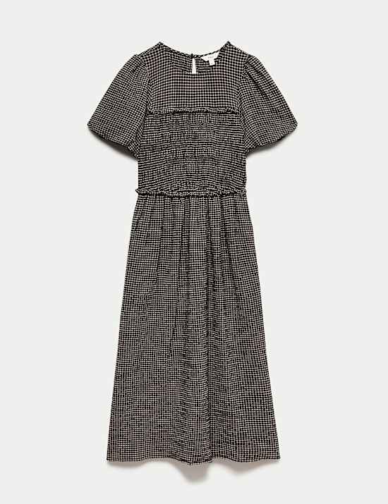 Gingham Puff Sleeve Midi Waisted Dress