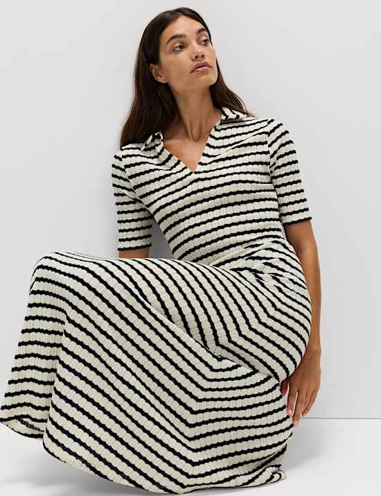 Jersey Striped V-Neck Midi Waisted Dress