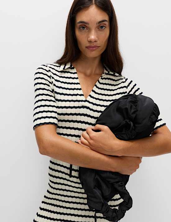 Jersey Striped V-Neck Midi Waisted Dress