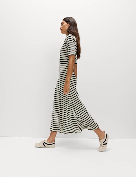 Jersey Striped V-Neck Midi Waisted Dress