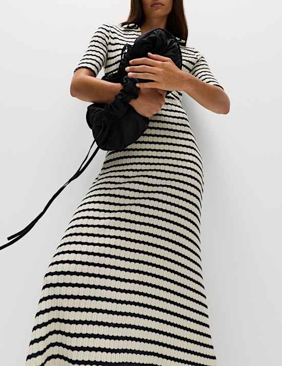 Jersey Striped V-Neck Midi Waisted Dress