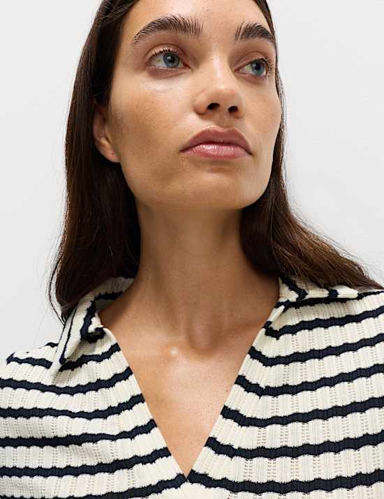 Jersey Striped V-Neck Midi Waisted Dress