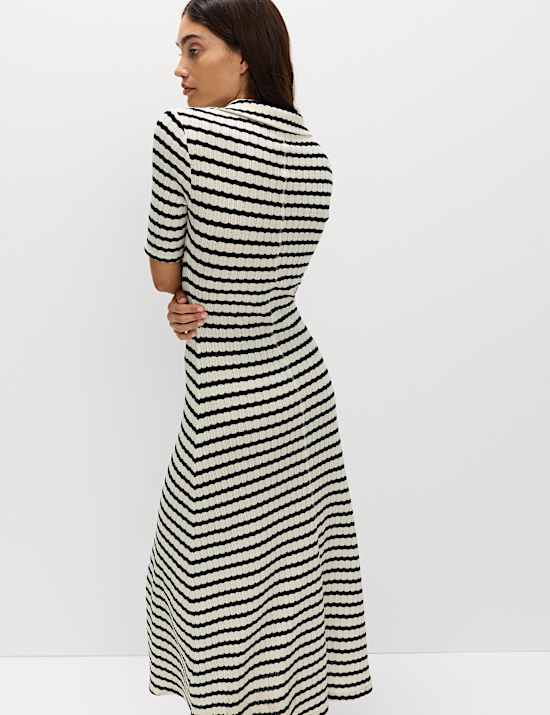 Jersey Striped V-Neck Midi Waisted Dress