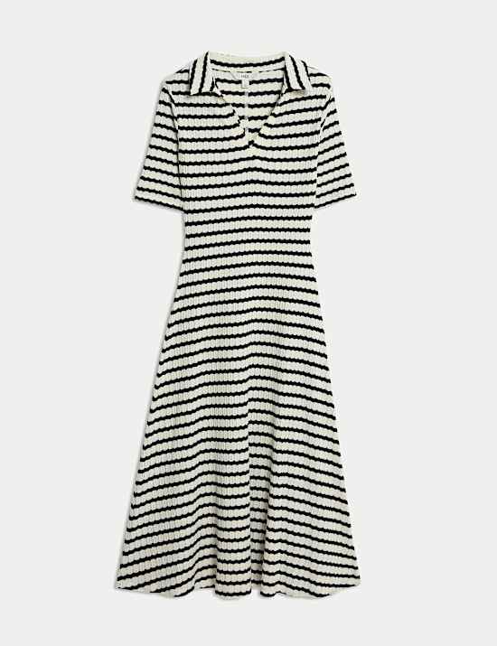 Jersey Striped V-Neck Midi Waisted Dress