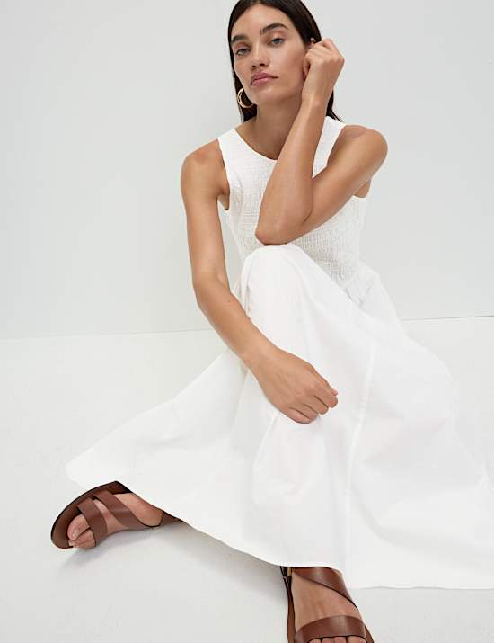 Pure Cotton Shirred Waisted Maxi Dress