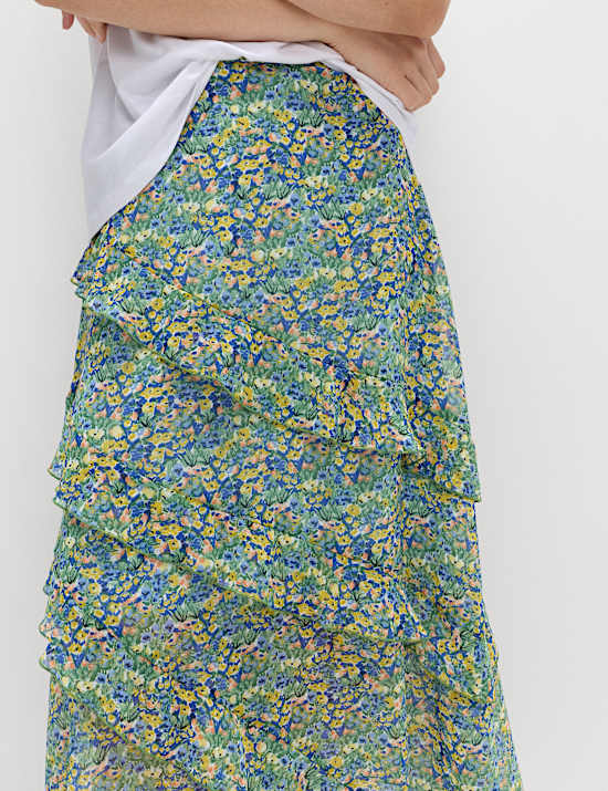 Floral Ruffle Midi Tiered Skirt