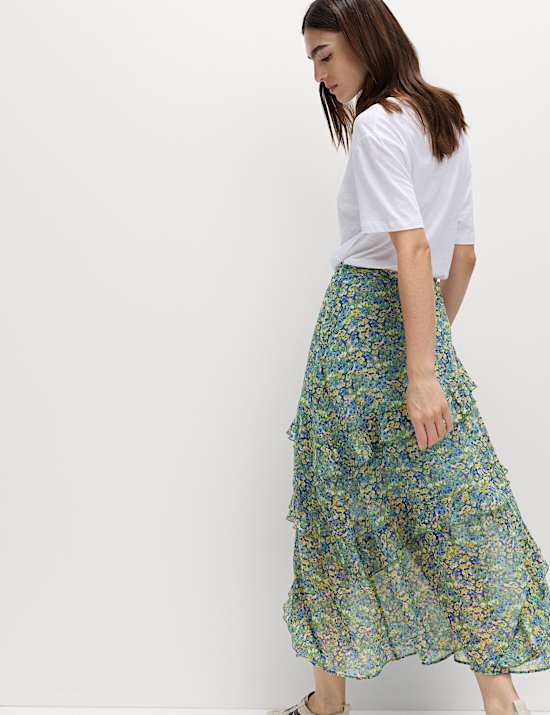 Floral Ruffle Midi Tiered Skirt