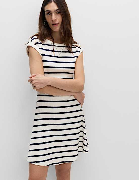 Striped Ribbed Round Neck Mini Skater Dress