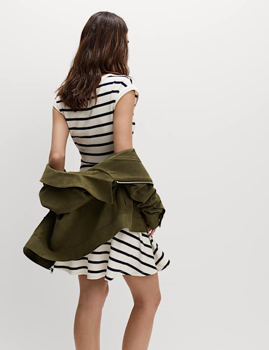 Striped Ribbed Round Neck Mini Skater Dress