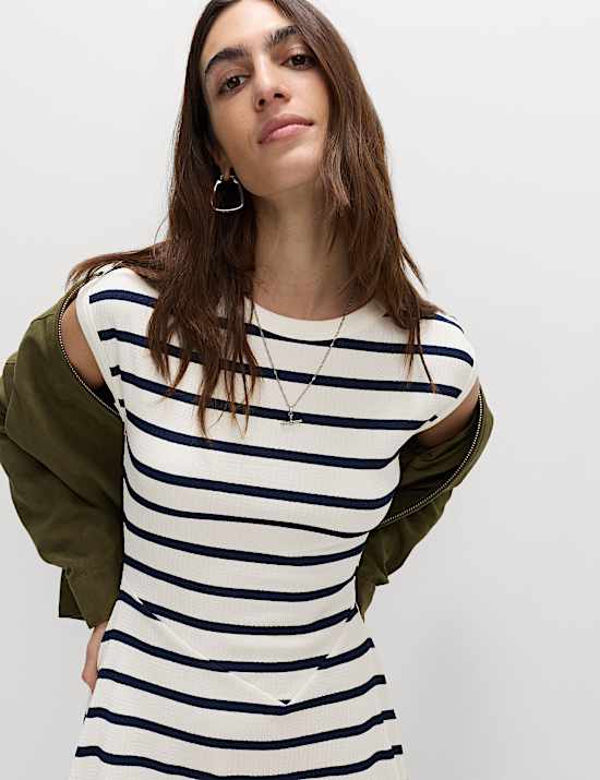 Striped Ribbed Round Neck Mini Skater Dress