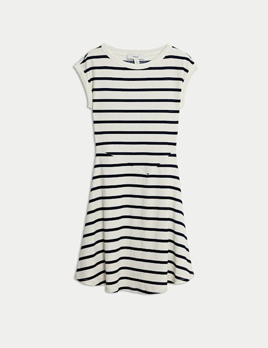 Striped Ribbed Round Neck Mini Skater Dress
