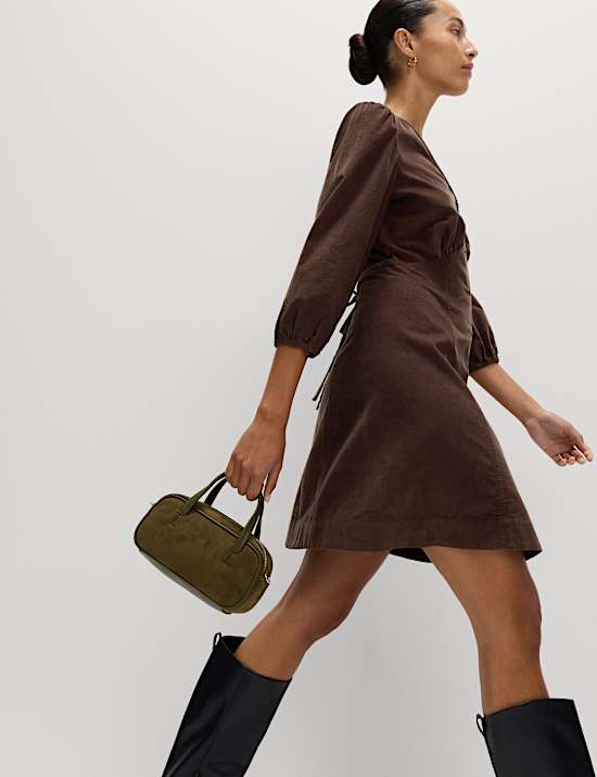 Pure Cotton Corduroy Mini Waisted Tea Dress