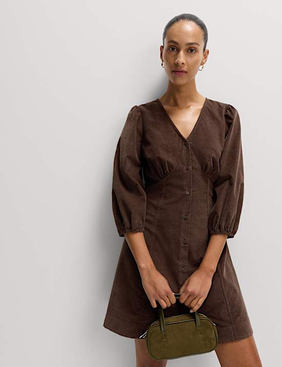 Pure Cotton Corduroy Mini Waisted Tea Dress