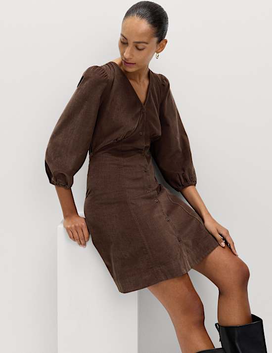 Pure Cotton Corduroy Mini Waisted Tea Dress