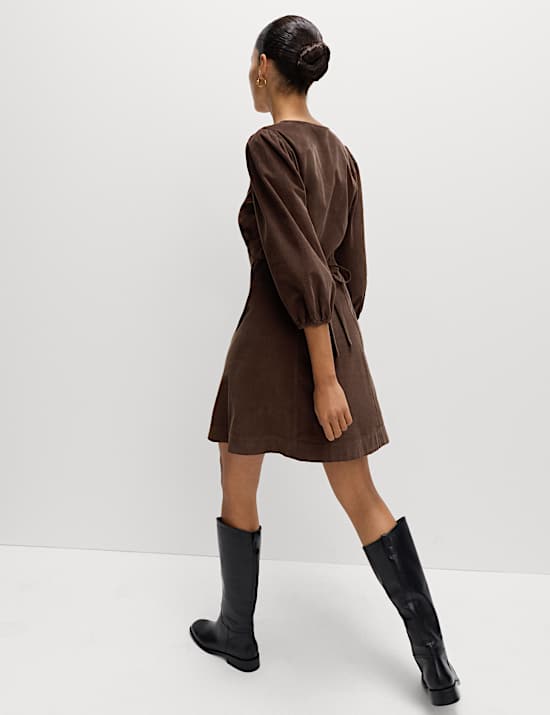 Pure Cotton Corduroy Mini Waisted Tea Dress