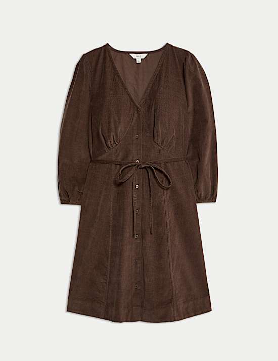 Pure Cotton Corduroy Mini Waisted Tea Dress