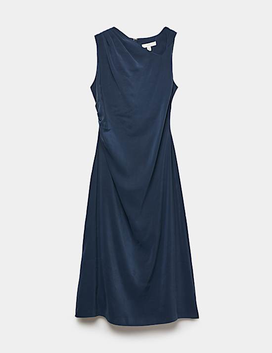 Asymmetric Neck Midi Waisted Dress
