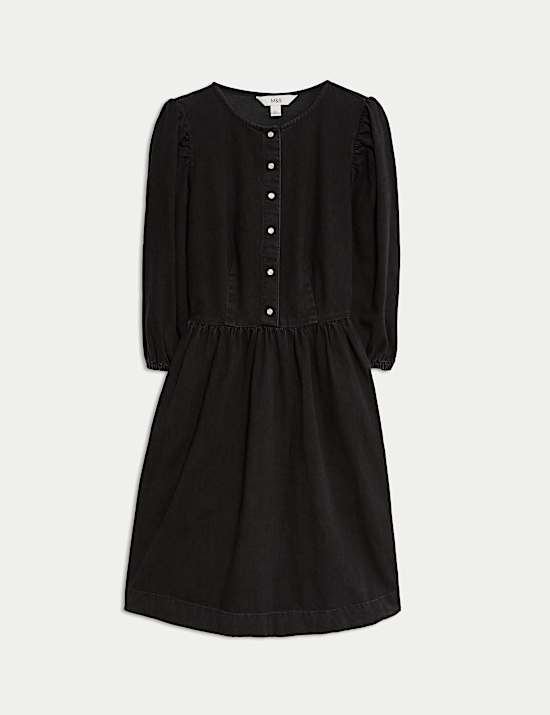 Denimové mini šaty z čisté bavlny se zvýrazněným pasem