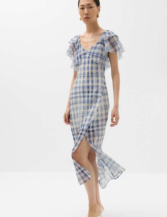 Checked Frill Sleeve Maxi Column Dress