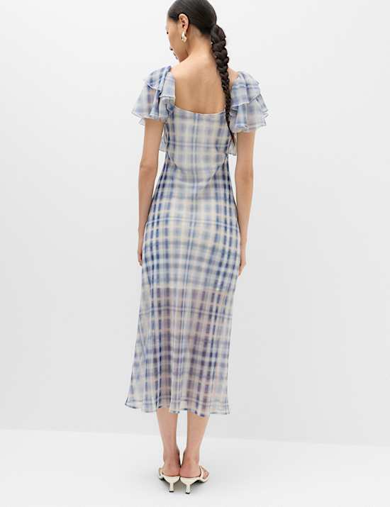 Checked Frill Sleeve Maxi Column Dress