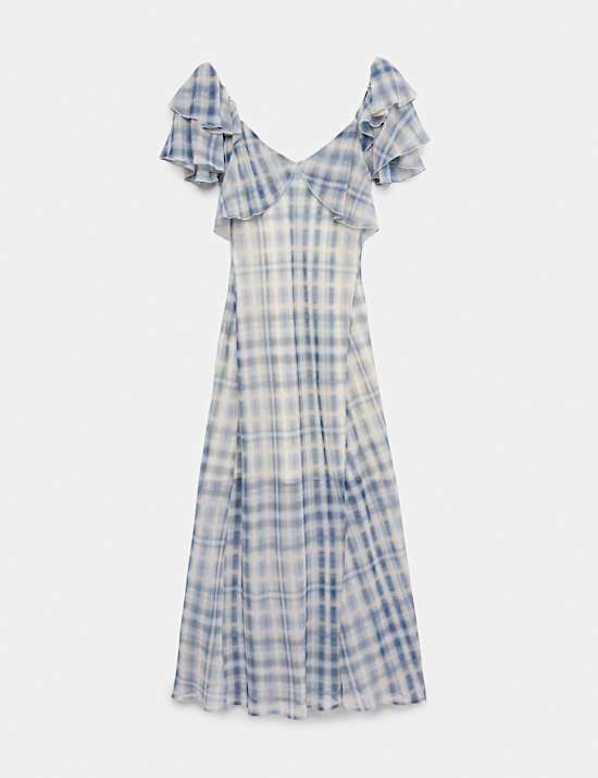 Checked Frill Sleeve Maxi Column Dress