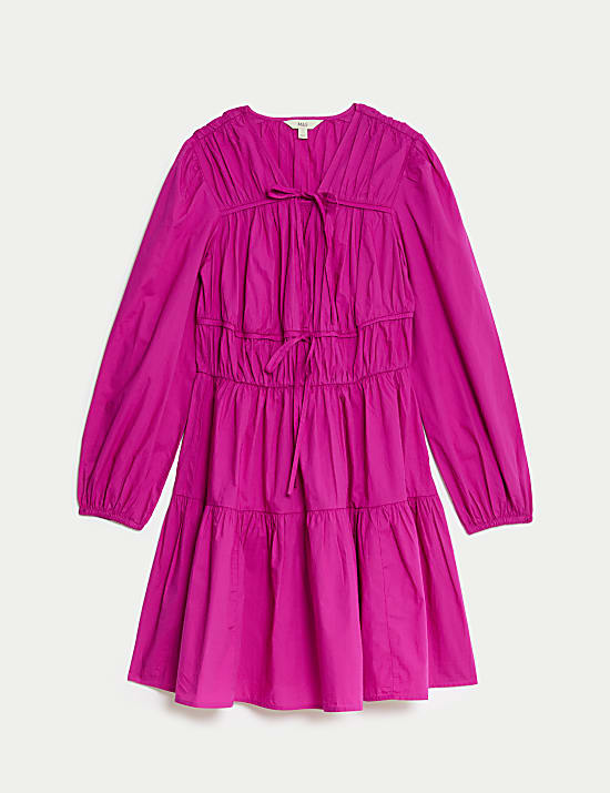 שמלת מיני אסופה במותניים מכותנה טהורה עם צווארון וי