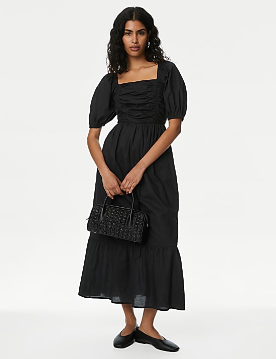 Pure Cotton Square Neck Midi Waisted Dress