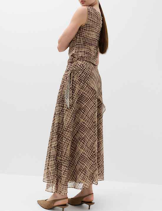 Checked Wrap Detail Midi Slip Skirt