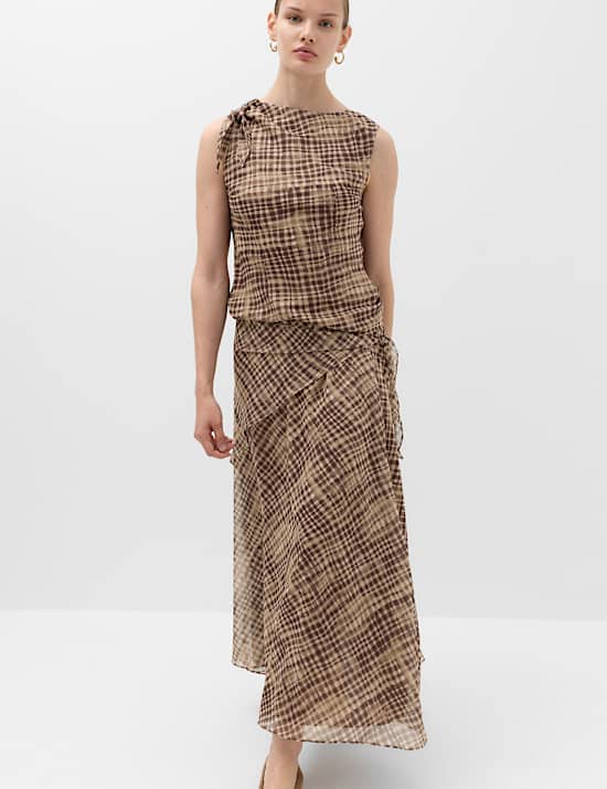 Checked Wrap Detail Midi Slip Skirt
