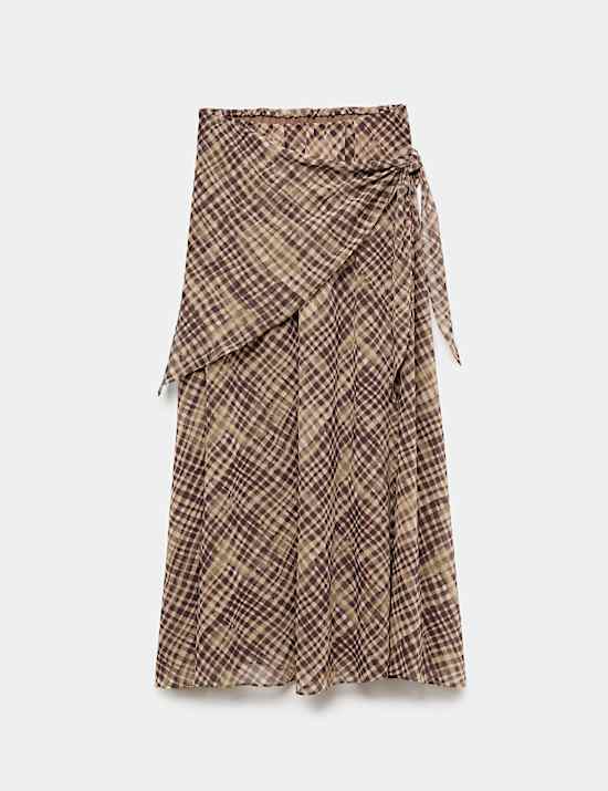 Checked Wrap Detail Midi Slip Skirt