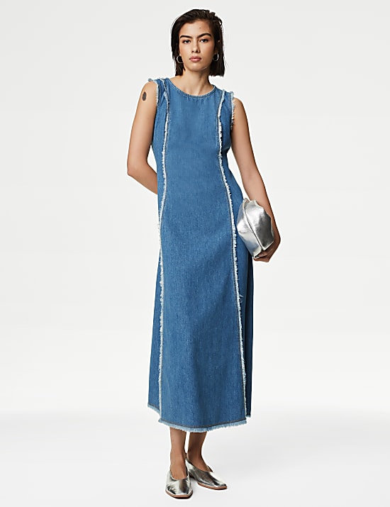 Denim Round Neck Midi Shift Dress